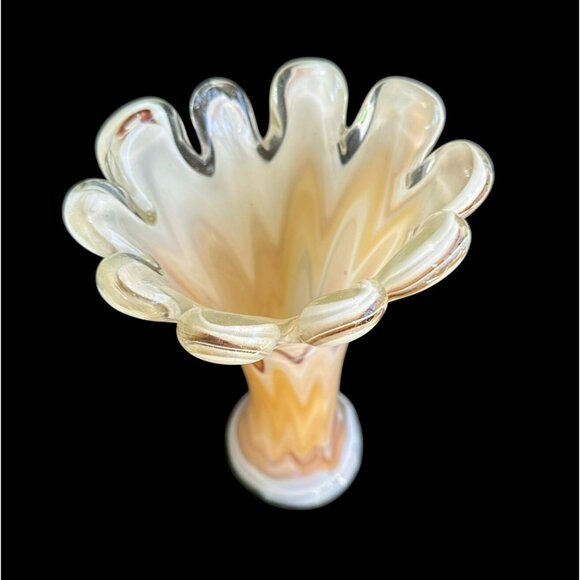 Hand Blown Vase Murano Style Pulled Finger Swung Art Glass Amber Brown White 10. - Picture 3 of 6